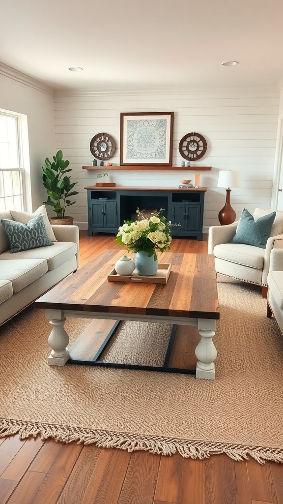 A cozy living room featuring a rustic farmhouse coffee table, light-colored sofas, and a woven rug.
