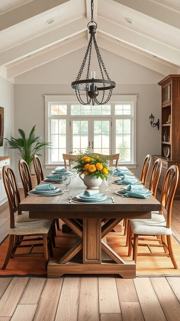 A cozy farmhouse-style dining table with wooden chairs, set for a meal, featuring a chandelier and natural light.