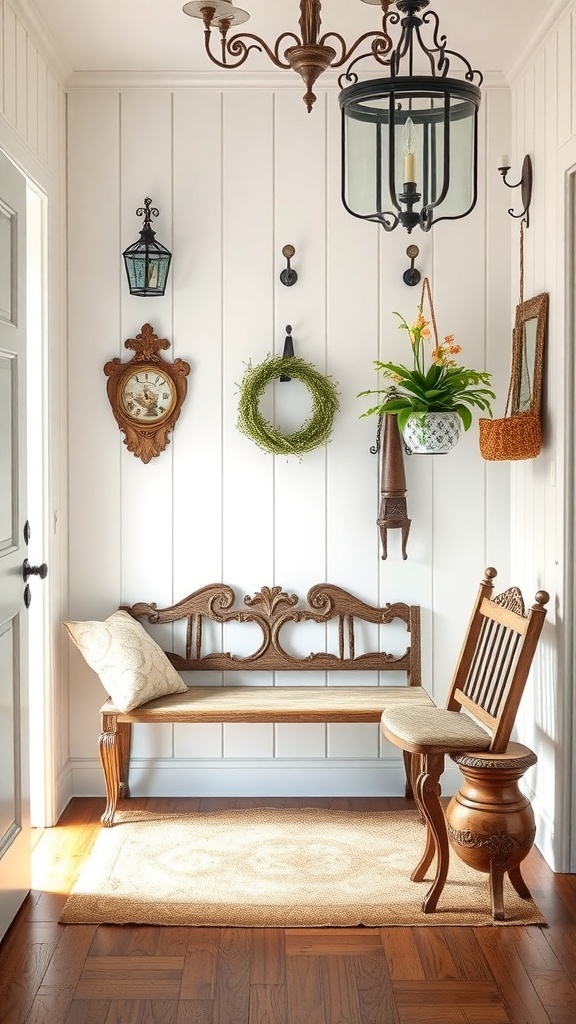 Farmhouse-style entryway with vintage furniture and decor.