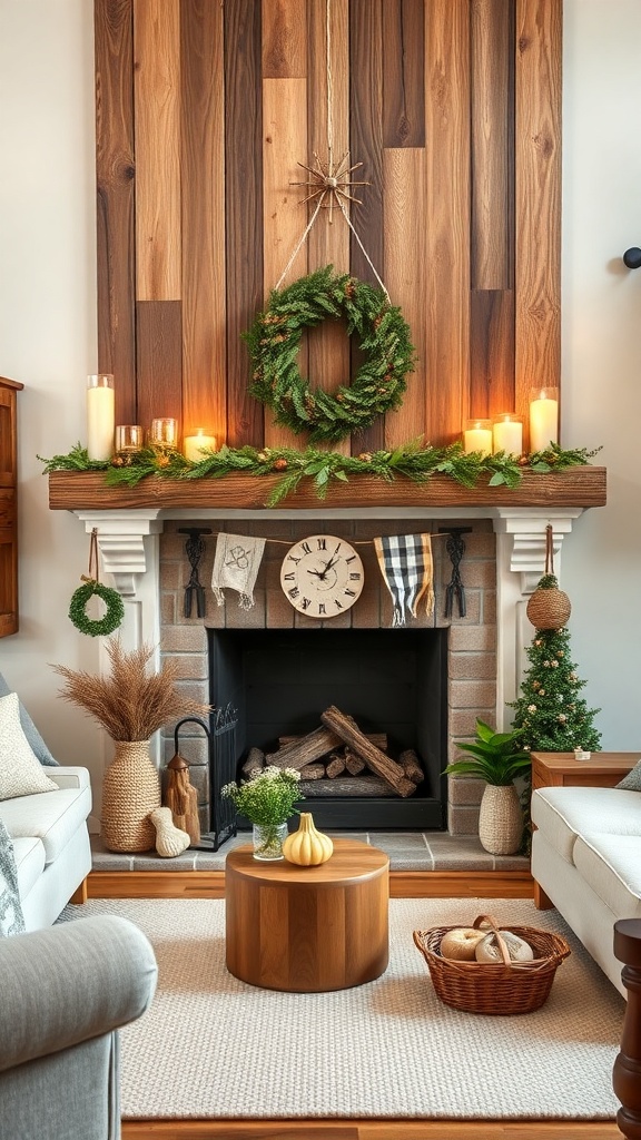 Cozy farmhouse-style fireplace with wooden accents and rustic decor.