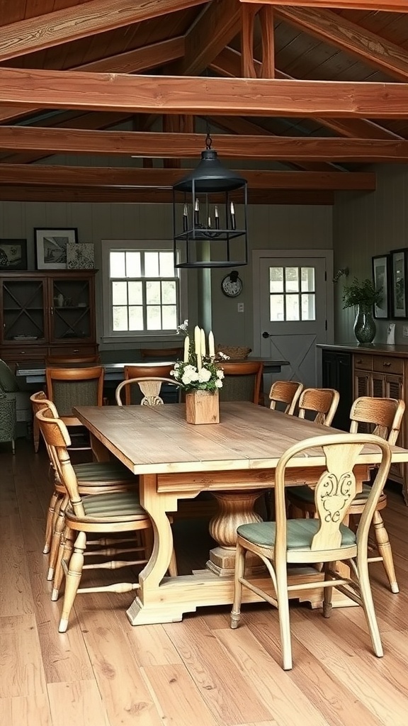 A rustic farmhouse dining area featuring a wooden table and mixed chairs, with a pendant light overhead.