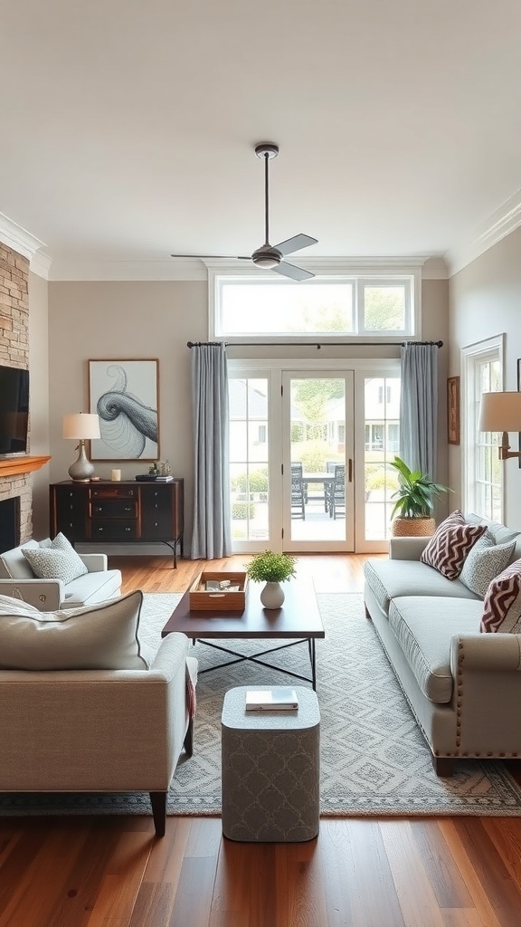 A cozy living room featuring farmhouse-style furniture with light sofas, a wooden coffee table, and a patterned area rug.