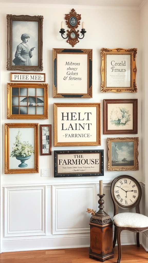 A gallery wall featuring various framed artworks and a vintage clock in a farmhouse style.