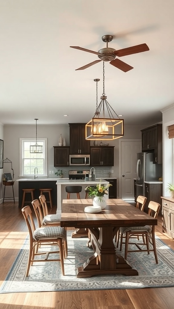 A cozy dining area with farmhouse-style lighting fixtures, including a pendant light and ceiling fan.