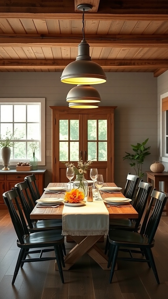 A rustic dining area featuring a wooden table, black chairs, and three pendant lights hanging above.