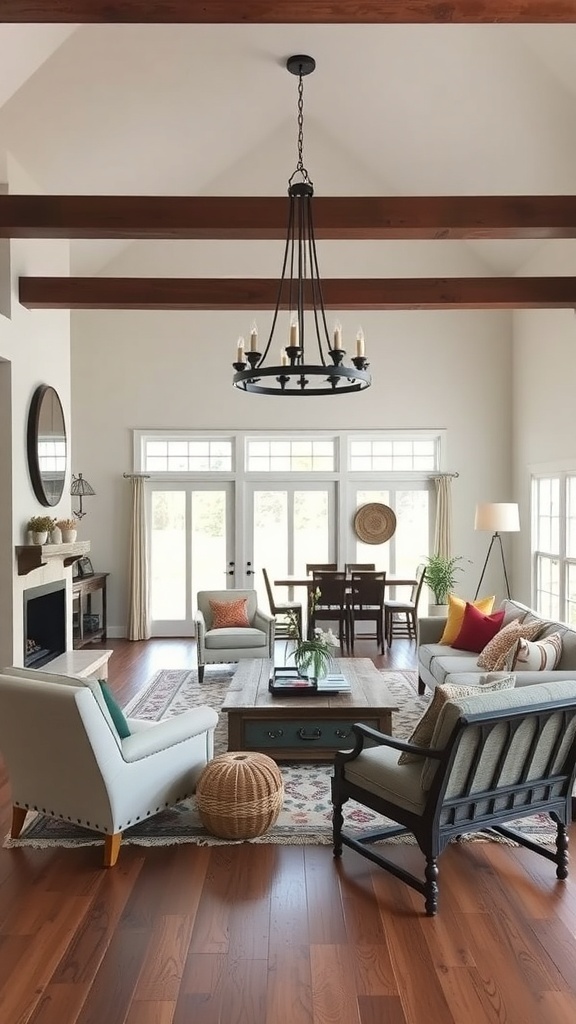 A cozy farmhouse living room featuring a chandelier, wooden beams, and comfortable seating.