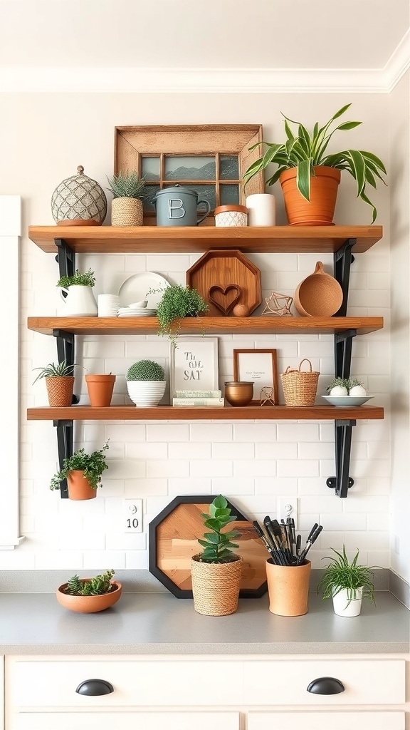 Farmhouse-style shelving with wooden shelves, black brackets, and decorative items including plants and ceramics.