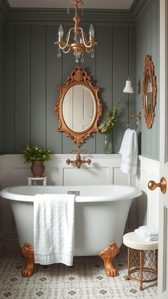 A stylish farmhouse bathroom featuring a clawfoot tub, ornate mirrors, and vintage decor.