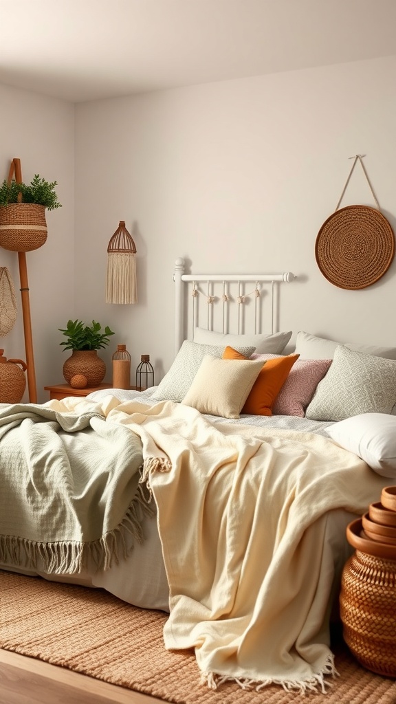 Cozy farmhouse bedroom with layered blankets and natural decor.