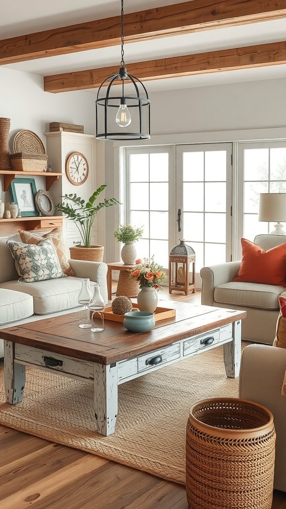 A cozy living room featuring farmhouse chic furniture with a rustic coffee table, comfortable sofas, and decorative elements.