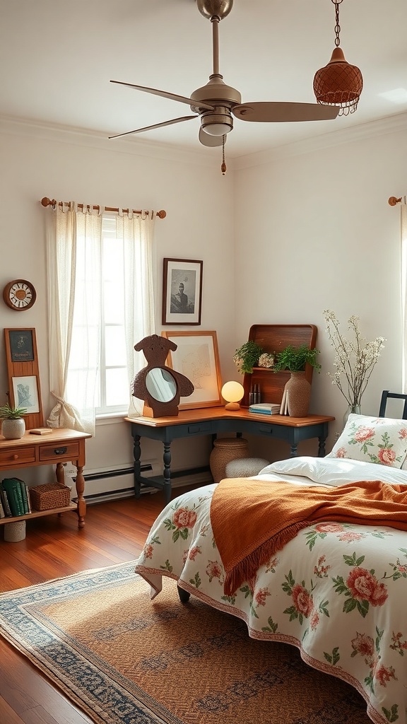 A cozy farmhouse bedroom featuring floral bedding, vintage furniture, and warm lighting.