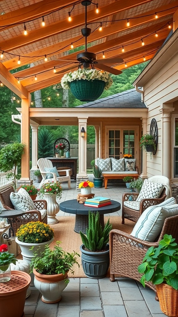 A cozy farmhouse style outdoor space with wooden beams, string lights, comfortable seating, and potted plants.