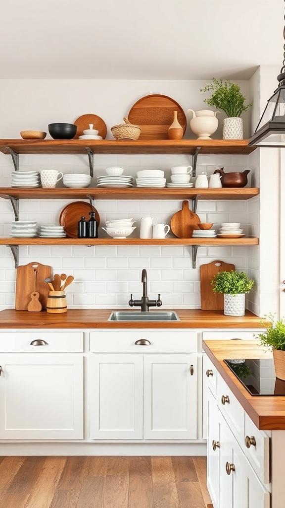 A modern rustic farmhouse kitchen with open shelving displaying dishes and kitchen essentials.