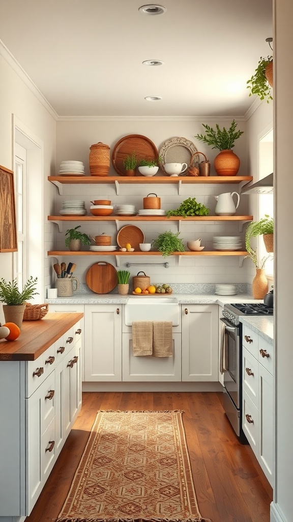 A cozy farmhouse kitchen featuring open shelving with dishware and plants, wooden cabinets, and a warm rug.
