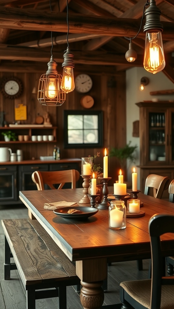 Rustic dining area with farmhouse lighting fixtures, wooden table, and candles