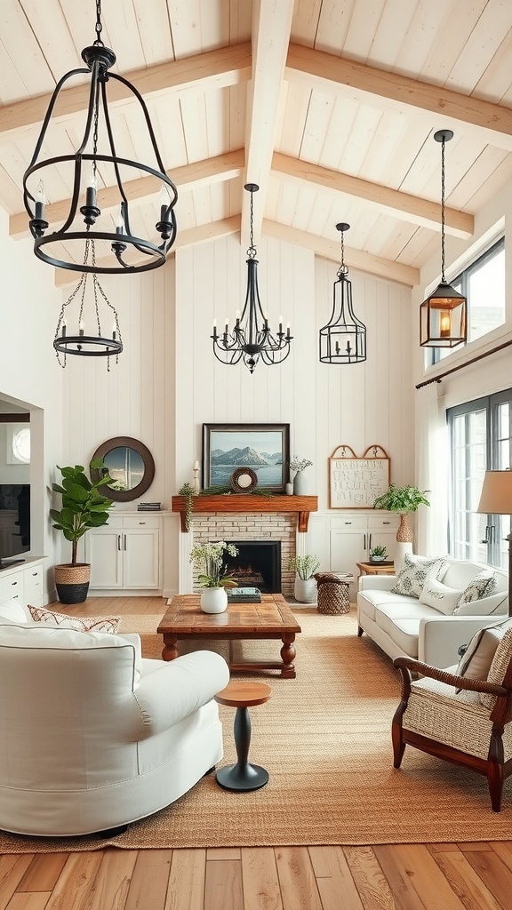 A cozy farmhouse living room featuring various lighting fixtures including chandeliers and a lantern.