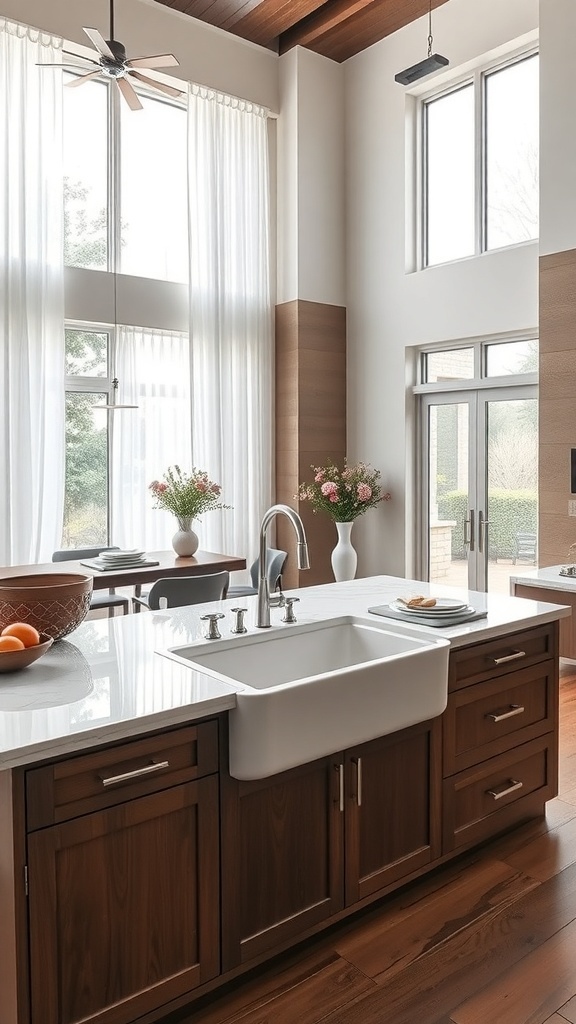 Modern kitchen featuring a farmhouse sink with wooden cabinetry and bright natural light