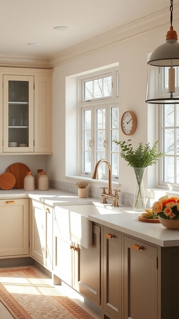 A bright kitchen featuring a farmhouse sink, warm cabinetry, and natural light.