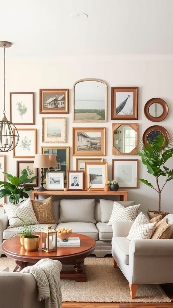 A cozy living room featuring a farmhouse style gallery wall with various framed artworks and plants.