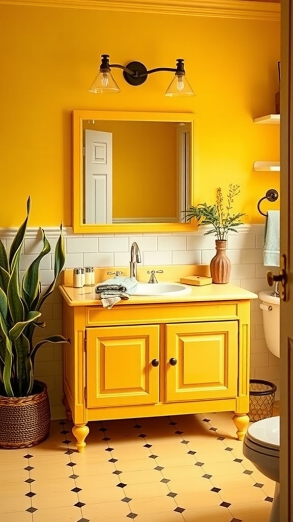 A bright yellow farmhouse style bathroom vanity with a mirror, plants, and modern fixtures.