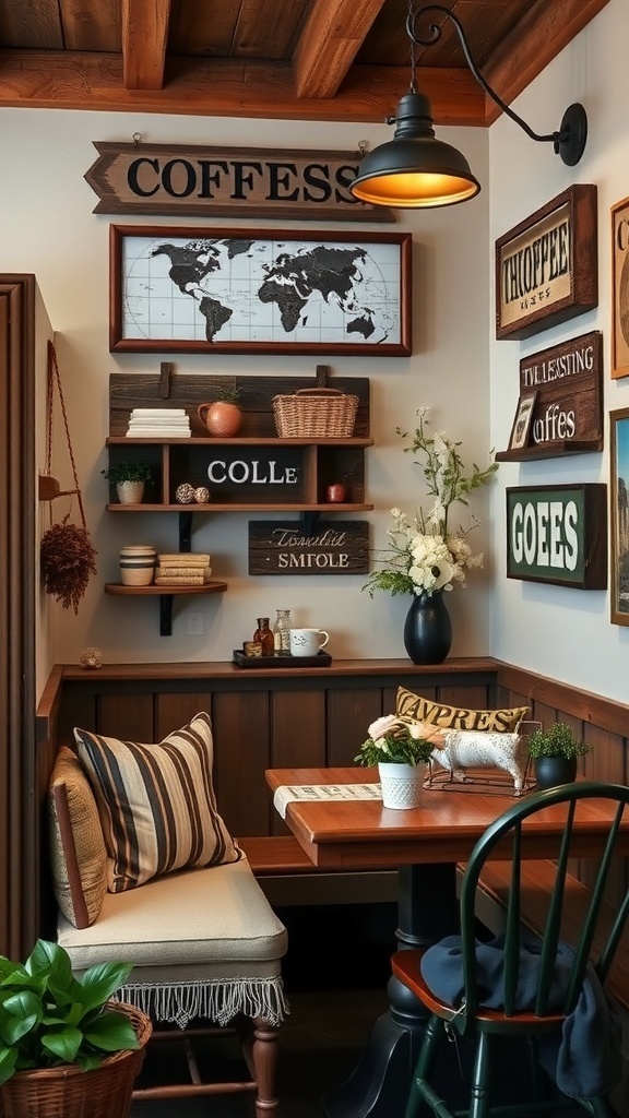 A cozy farmhouse-style coffee nook with wooden beams, decorative signs, and comfortable seating.