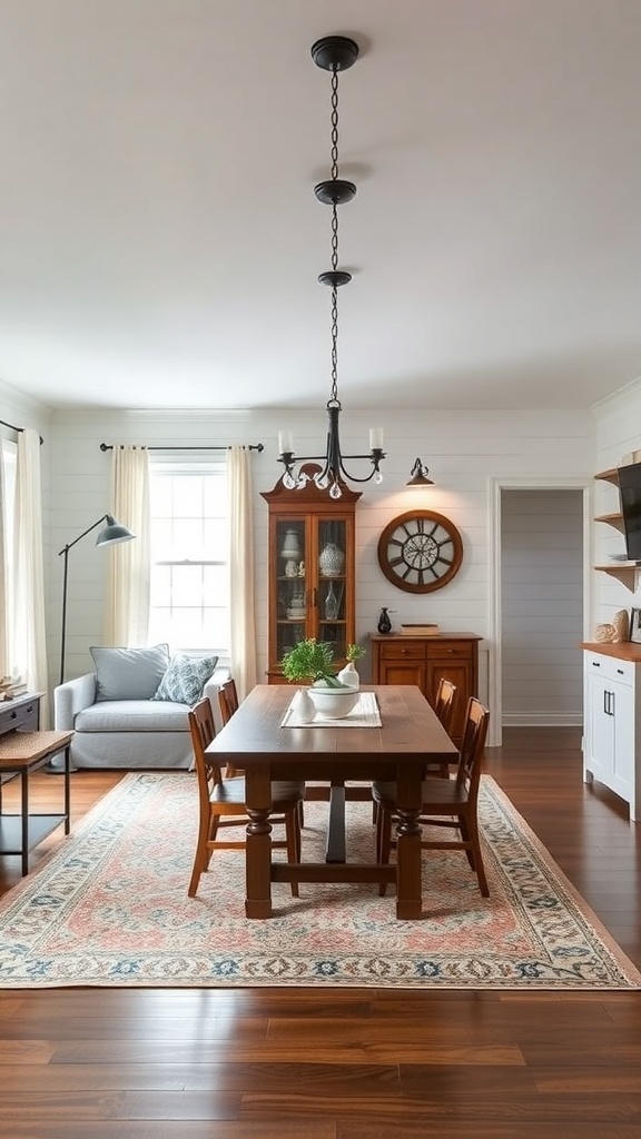 Cozy farmhouse style living and dining room with wooden floors and a gray sofa.