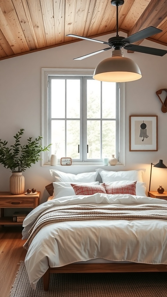 Cozy farmhouse bedroom with modern lighting and warm wood accents