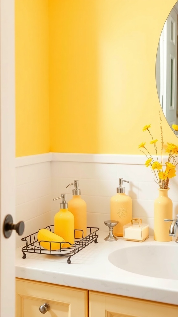 A bright yellow bathroom with yellow accessories including soap dispensers and flowers.