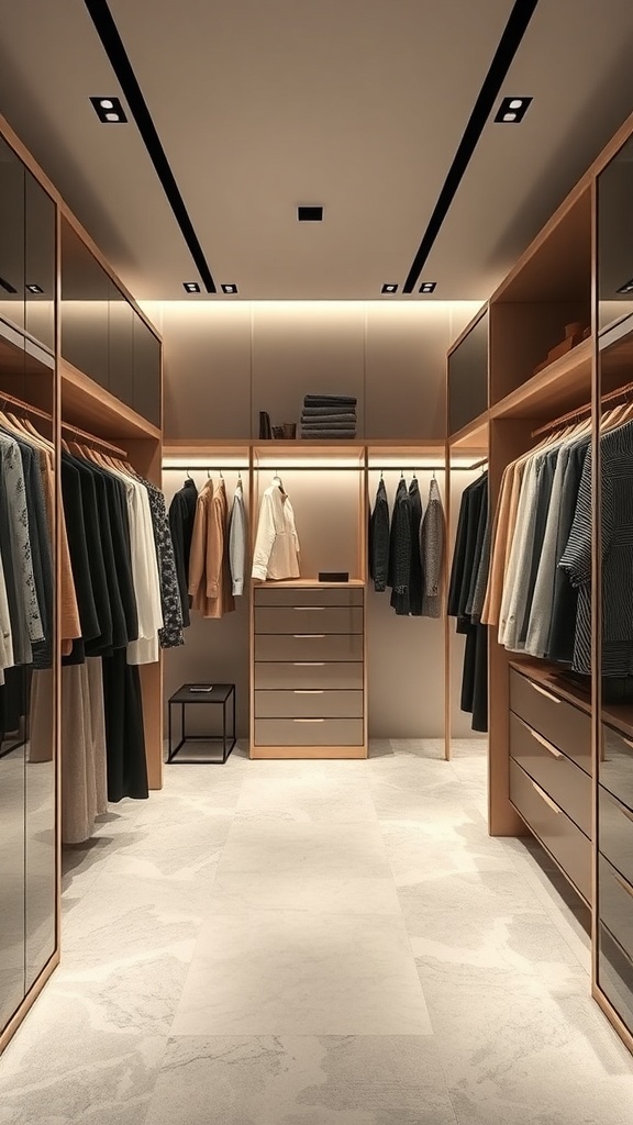 Minimalist walk-in closet with organized clothing and soft lighting