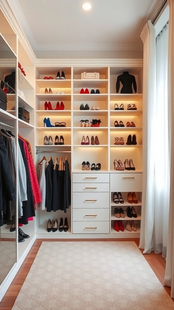A stylish walk-in closet featuring display shelves for shoes and clothing, with organized storage drawers.