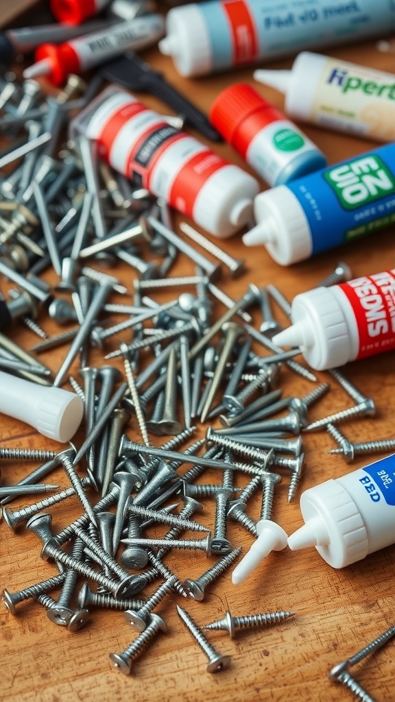 A collection of screws and adhesive tubes on a wooden surface.