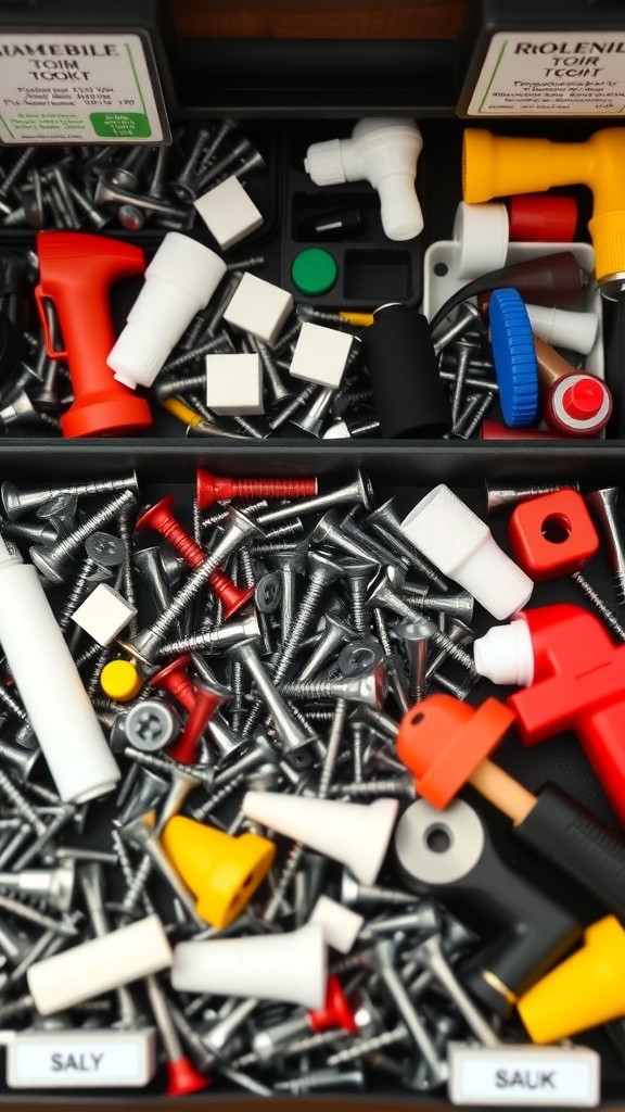 An assortment of screws, fasteners, and adhesives in a toolkit.