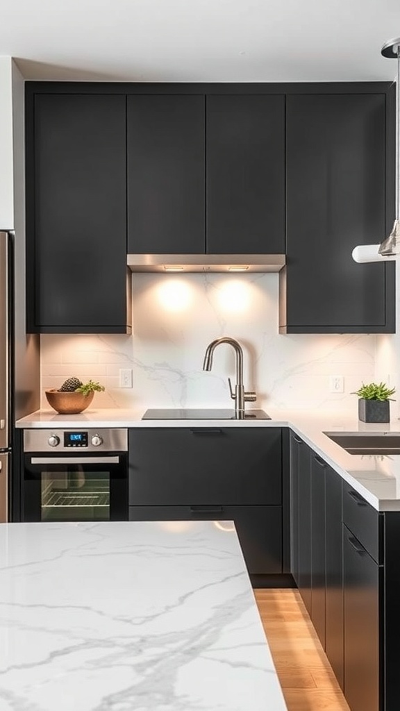 Modern kitchen with black cabinets and marble countertop.