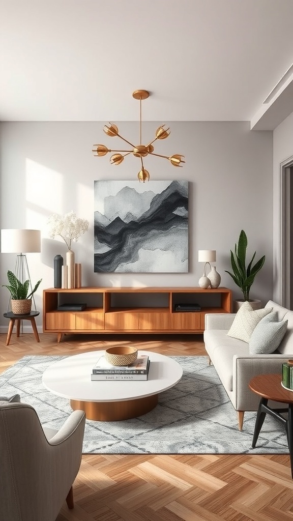 Modern living room with abstract wall art, stylish furniture, and a cozy atmosphere.