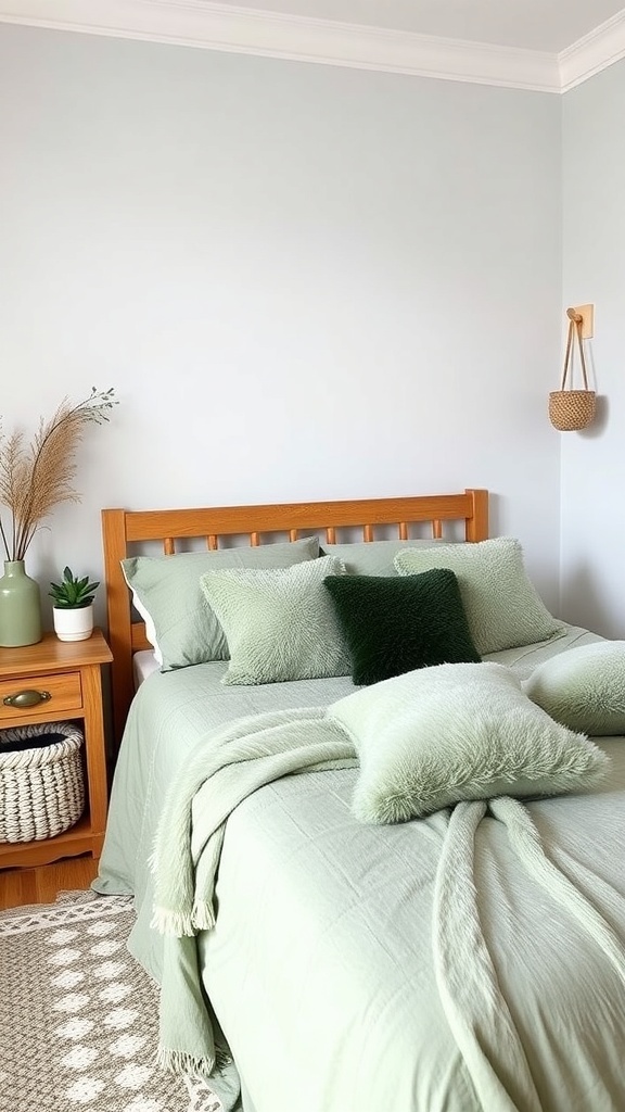A sage green boho style bedroom featuring faux fur pillows and a cozy bed.