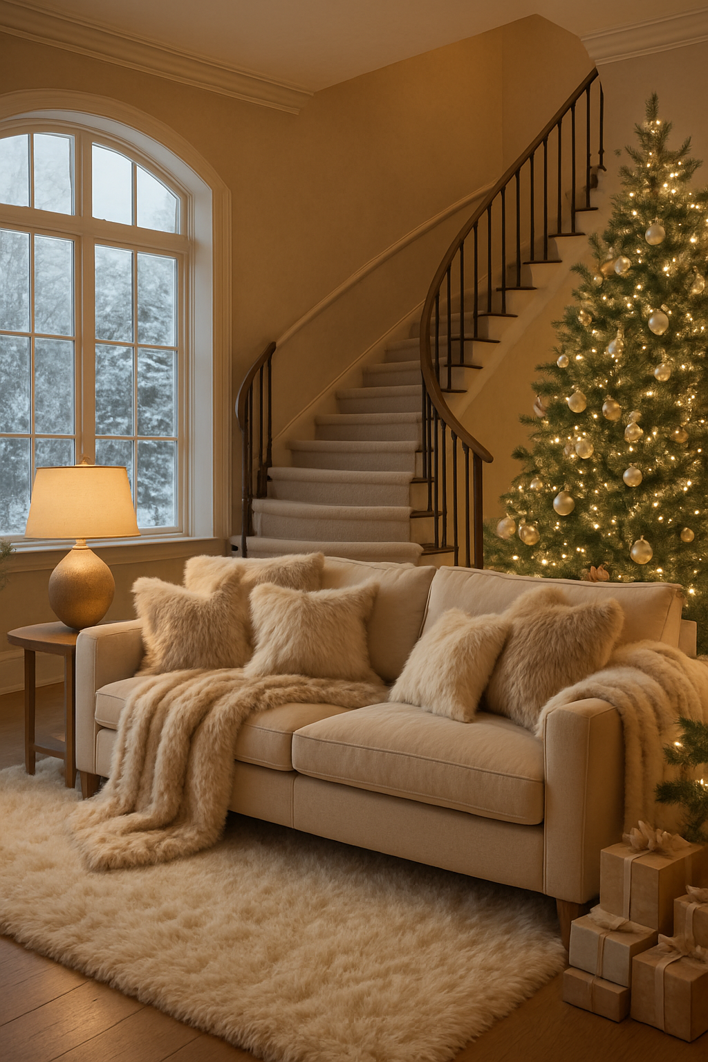 Cozy living room with faux fur accents, including pillows and a throw blanket on a sofa, and a Christmas tree in the background.