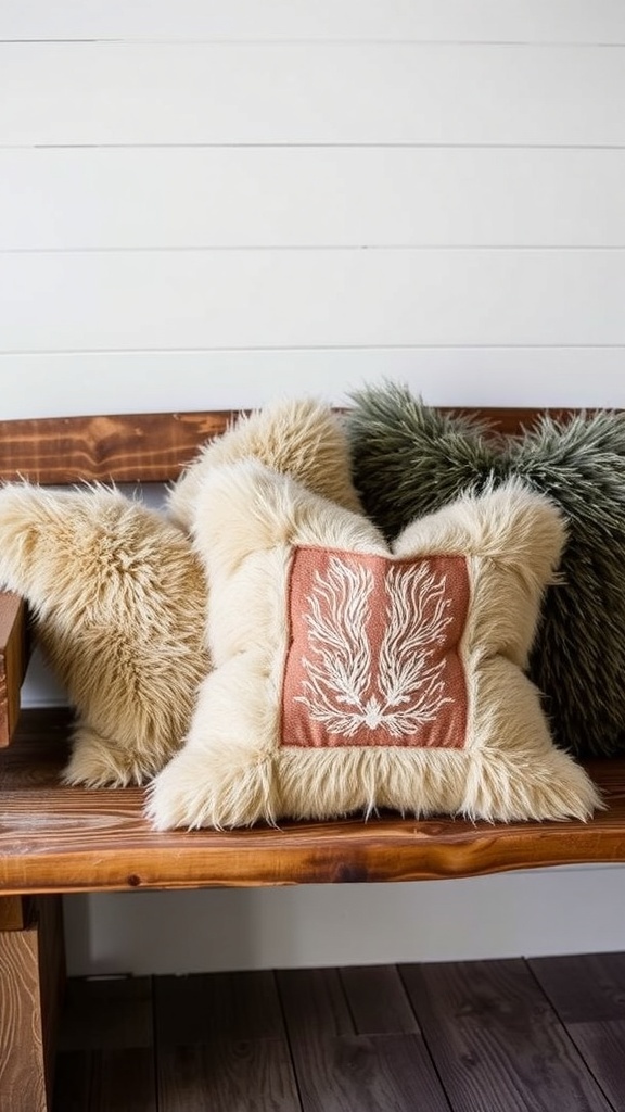 A cozy wooden bench with faux fur throw pillows and a decorative wooden sign.