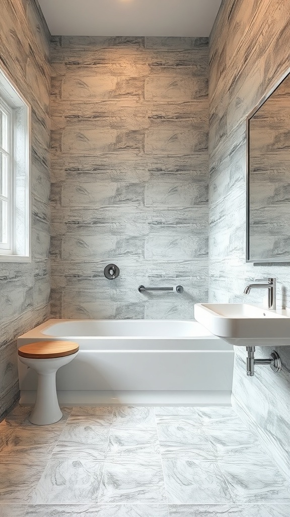 Modern bathroom with faux stone tiles on walls and floor, featuring a bathtub and sink.