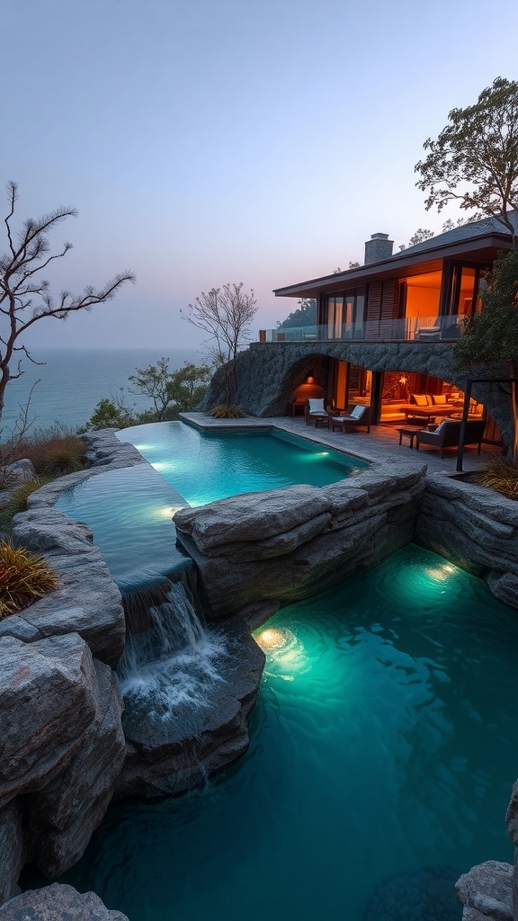 Felsenpool mit Wasserfall und modernem Haus im Hintergrund