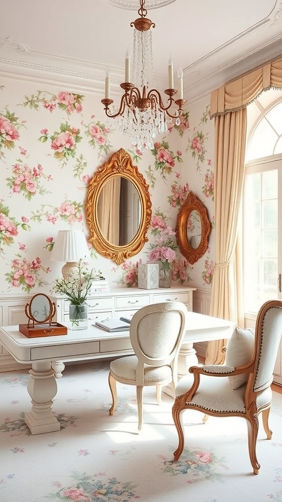A feminine home office featuring floral wallpaper, a chandelier, and elegant furniture.