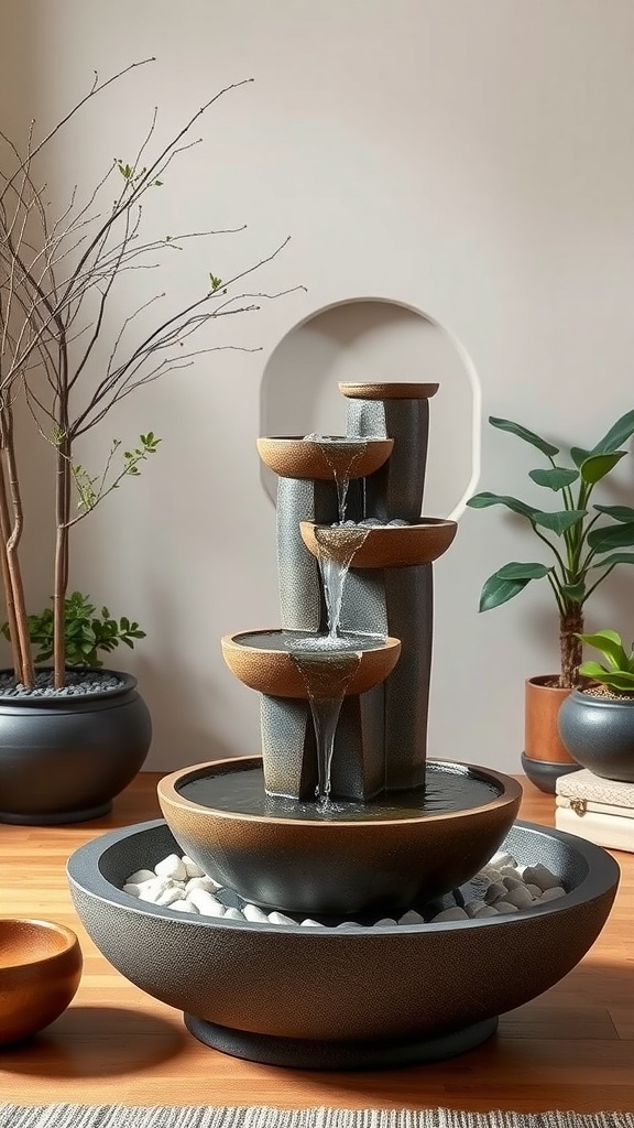 A tiered indoor fountain surrounded by plants and minimalist decor.
