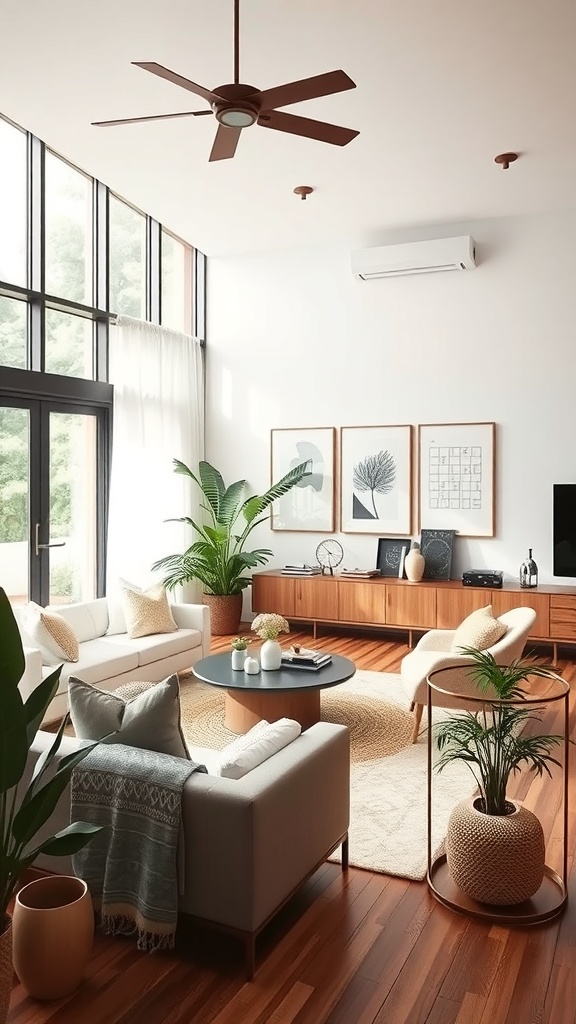 A bright and airy living room featuring plants, natural wood furniture, and a cozy atmosphere.