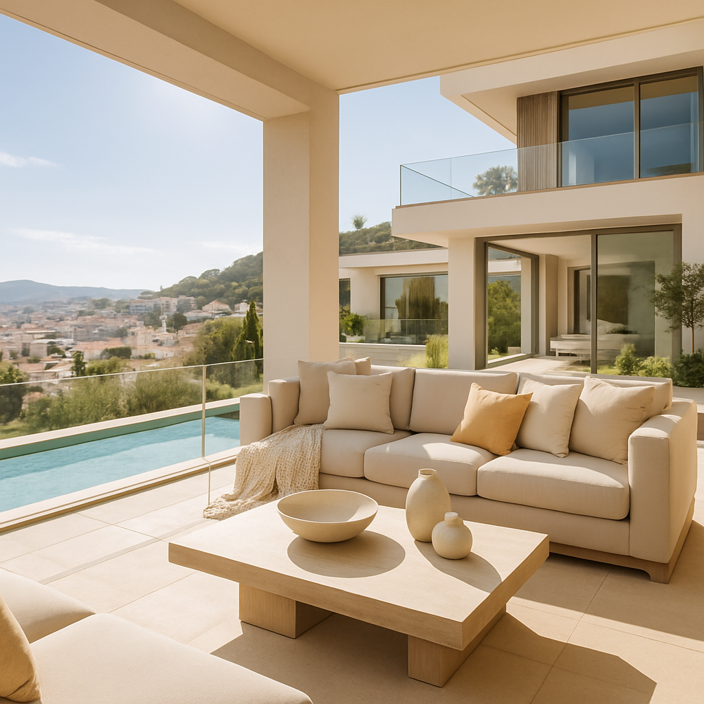 Moderne Terrasse mit gemütlichem Sofa, Tisch und Blick auf die Landschaft