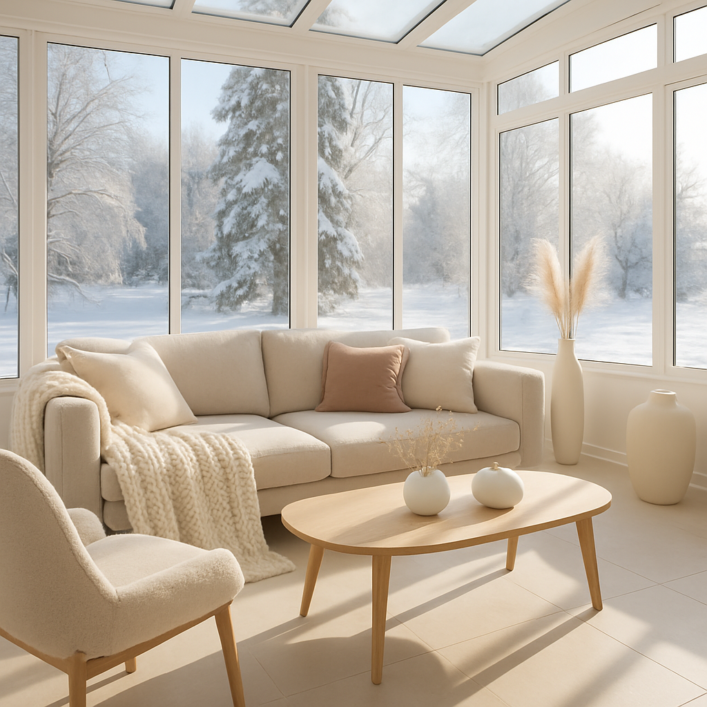 Ein moderner Wintergarten mit großen Fenstern, einer gemütlichen Couch und einem stilvollen Tisch, umgeben von einer verschneiten Landschaft.