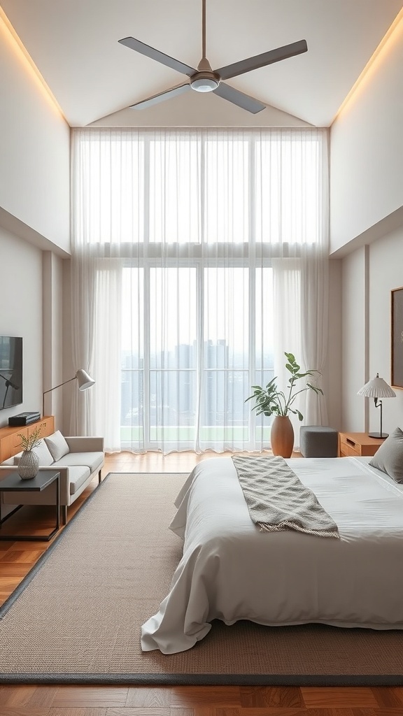 A serene Japandi bedroom featuring large windows, neutral colors, and minimalist furniture.