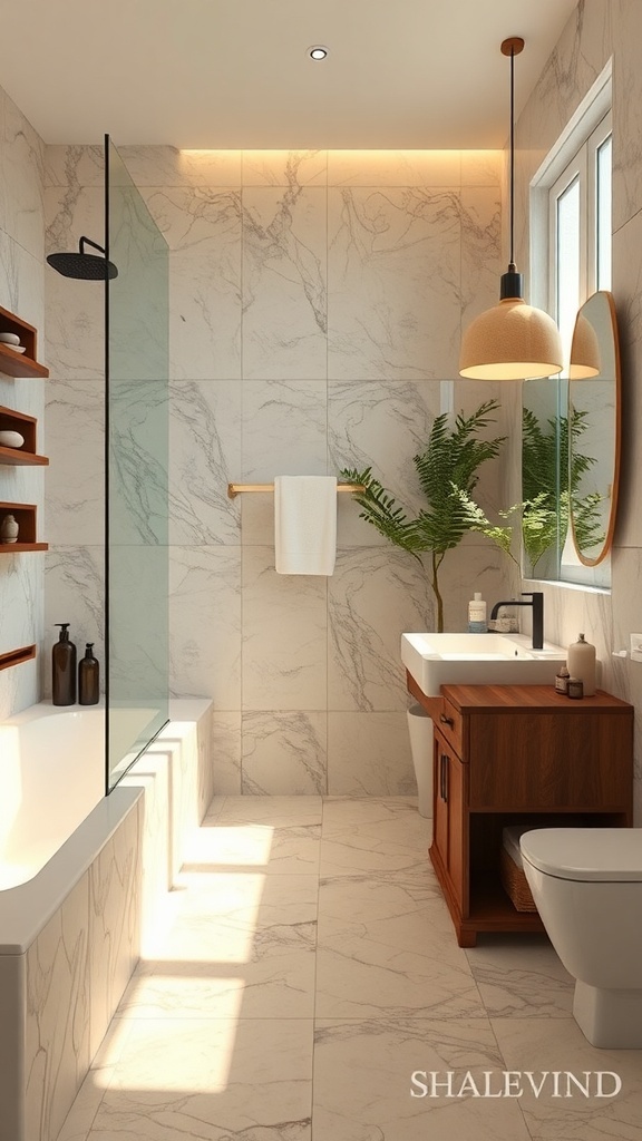 Modernes Badezimmer mit Pflanzen, Holz und sanfter Beleuchtung