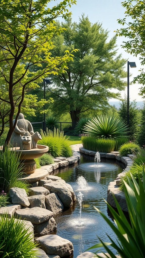 Ein harmonischer Garten mit einem Wasserlauf, einem Brunnen und üppigen Pflanzen, der Feng Shui Prinzipien verkörpert.