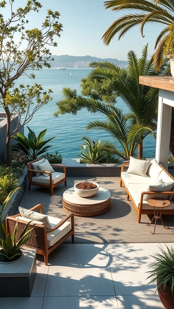 Gemütliche Gartenlounge mit Blick auf das Wasser, umgeben von Pflanzen.