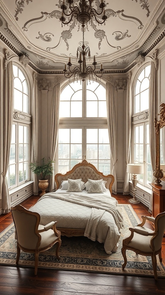 Ein luxuriöses Rococo Schlafzimmer mit großen Fenstern, eleganten Möbeln und einer beruhigenden Farbpalette.