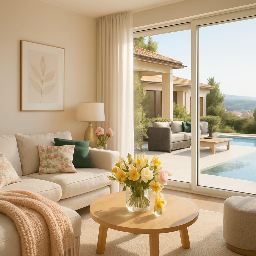 Helles Wohnzimmer mit großen Fenstern, gemütlichem Sofa und frischen Blumen auf dem Tisch.